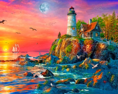 Sunset Ocean Lighthouse paint by number