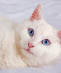 Beautiful White Cat With Blue Eyes On Bed Paint By Numbers