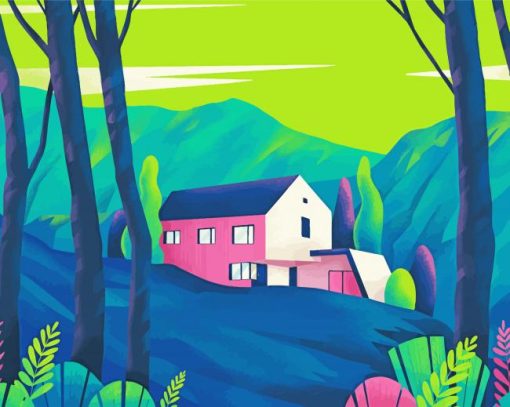 Illustration House In Mountains Paint By Numbers