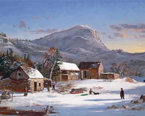 Mountains Farm Winter Scene Paint By Numbers