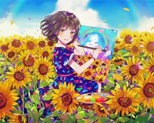 Sunflower And Artist Anime Girl Paint By Numbers