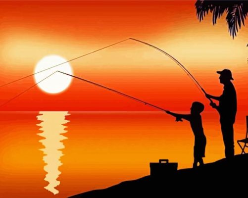 Sunset Father And Son Fishing Silhouette Paint By Numbers