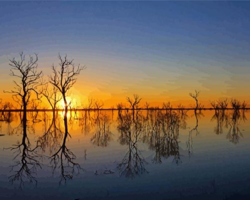 Water And Trees Reflection At Sunset Paint By Number