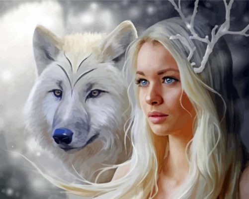 Woman With White Wolf Paint By Numbers