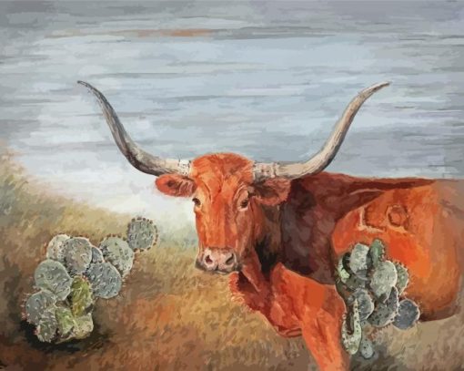 Aesthetic Longhorn Cows With Cactus Paint By Numbers