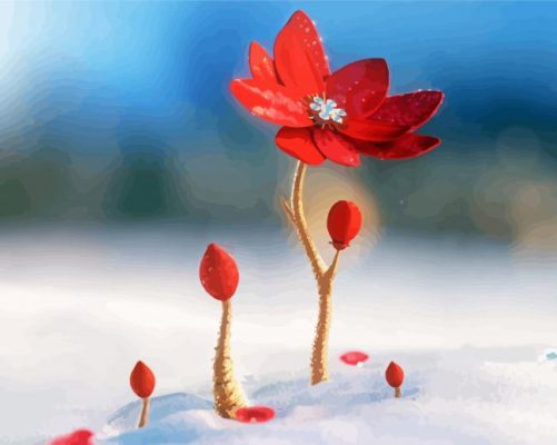 Beautiful Red Spring flower In Snow Paint By Numbers