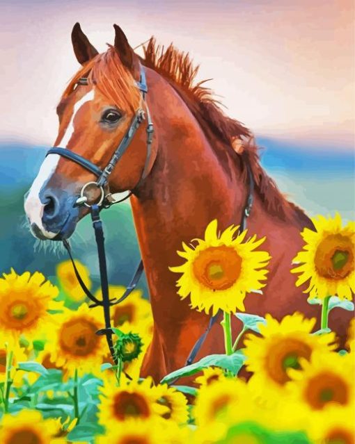 Brown Horse With Sunflowers Paint By Numbers