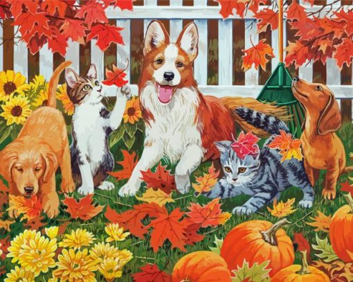 Cats And Dogs In Autumn Paint By Numbers