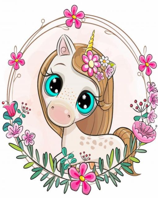 Cute Cartoon Unicorn With Flowers Paint By Numbers