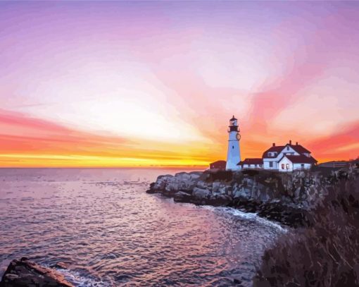 Headlight Portland Lighthouse Sunset Paint By Numbers