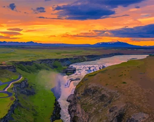 Gullfoss Falls At Sunset Paint By Numbers