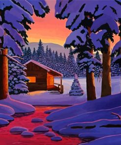 Lodge In The Snow At Sunset Paint By Numbers