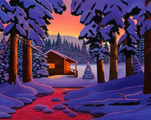 Lodge In The Snow At Sunset Paint By Numbers