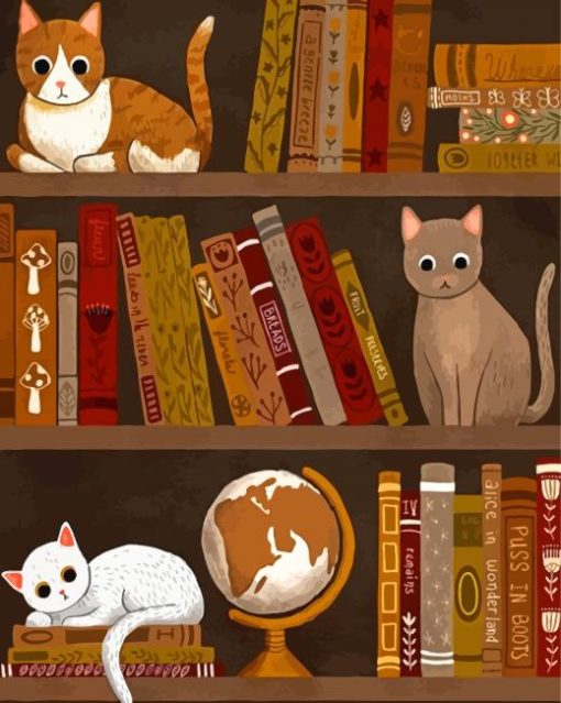 Aesthetic Cats On Bookshelf Paint By Numbers