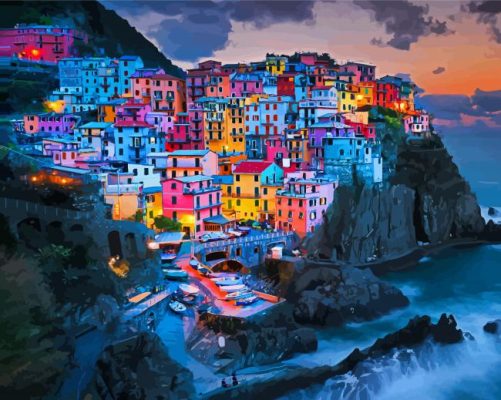 Colorful Buildings Night In Manarola Paint By Numbers