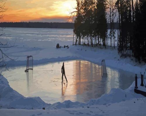 Ice Hockey On Lake Silhouette Paint By Numbers