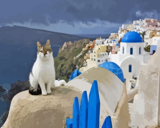 Cat In Santorini Island Paint By Numbers