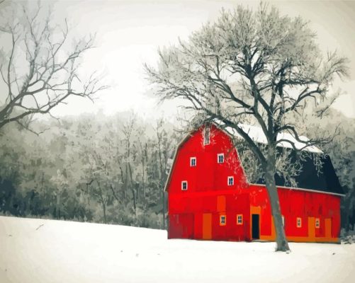 Barn in Snow Paint By Numbers