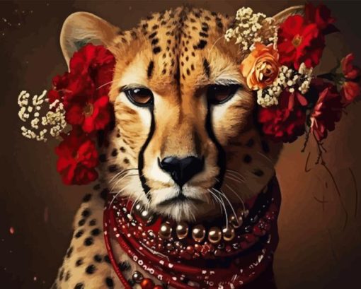 Cheetah With Red Flowers Paint By Numbers