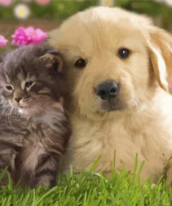 Kittens And Puppies With Purple Flowers Paint By Numbers