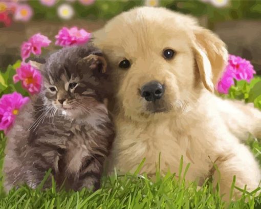 Kittens And Puppies With Purple Flowers Paint By Numbers