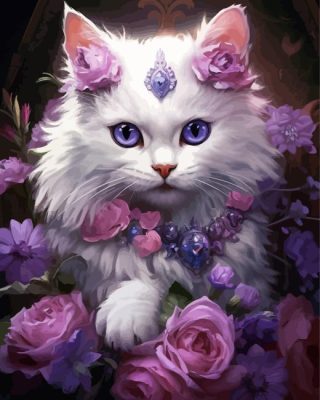 Cat With Purple Flowers Paint By Numbers